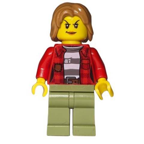 Minifigurka LEGO Criminal, Woman, Open Red Flannel Shirt over Prison Shirt, Medium Nougat Hair
