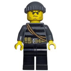 Minifigurka LEGO Criminal, Black Striped Top with Rope, Dark Bluish Gray Hat, Stubble