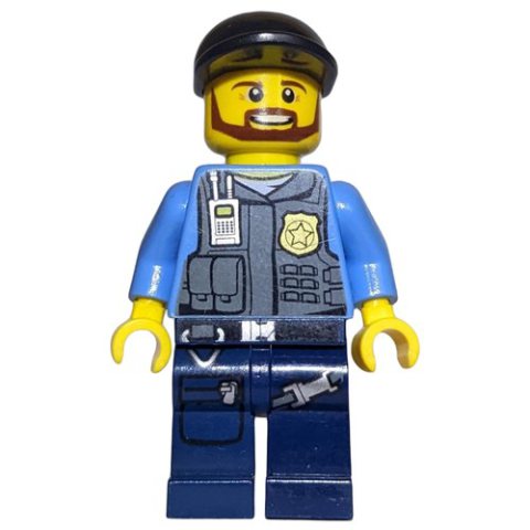 Minifigurka LEGO Policeman, Dark Bluish Gray Vest with Radio, Badge and Pouches over Medium Blue Shirt, Black Cap, Beard