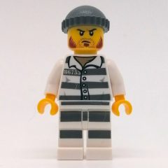 Minifigurka LEGO Criminal, Prison Shirt with #86753, Black Legs, Dark Bluish Gray Hat, Stubble and Mutton Chops