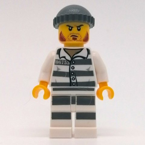 Minifigurka LEGO Criminal, Prison Shirt with #86753, Black Legs, Dark Bluish Gray Hat, Stubble and Mutton Chops