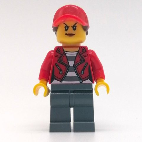 Minifigurka LEGO Criminal, Woman, Open Red Jacket over Prison Shirt, Red Cap with Hair