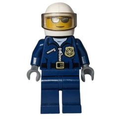 Minifigurka LEGO Policeman, Dark Blue Jacket with Zipper, Badge, and 'POLICE' on Back, White Helmet with Visor, Silver Sunglasses