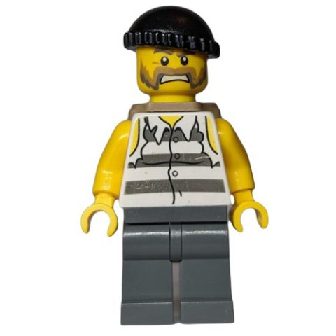 Minifigurka LEGO Criminal, Torn Prison Shirt, Dark Bluish Gray Legs, Black Hat, Dark Tan Backpack Beard