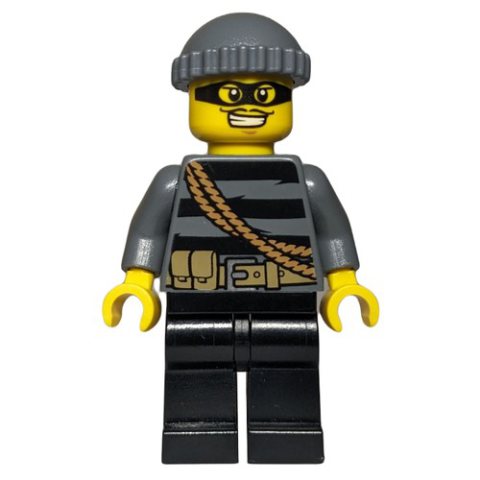 Minifigurka LEGO Criminal, Black Striped Top with Rope, Dark Bluish Gray Hat, Black Eyemask