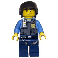 Minifigurka LEGO Policeman, Dark Bluish Gray Vest with Radio, Badge and Pouches over Medium Blue Shirt, Black Hat with Visor