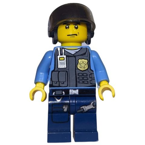 Minifigurka LEGO Policeman, Dark Bluish Gray Vest with Radio, Badge and Pouches over Medium Blue Shirt, Black Hat with Visor