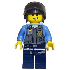 Minifigurka LEGO Policeman, Dark Bluish Gray Vest with Radio, Badge and Pouches over Medium Blue Shirt, Black Hat with Visor, Open Mouth