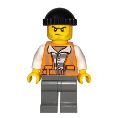 Minifigurka LEGO Criminal, Open Orange Safety Vest Over Prison Shirt, Black Hat, Stubble