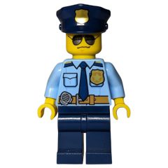 Minifigurka LEGO Policeman, Bright Light Blue Shirt with Dark Blue Tie, Badge, and Radio on Belt, Dark Blue Police Hat with Badge, Sunglasses