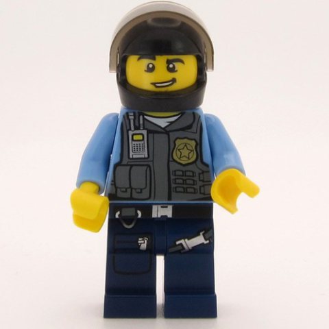 Minifigurka LEGO Policeman, Dark Bluish Gray Vest with Radio, Badge and Pouches over Medium Blue Shirt, Black Helmet with Visor, Open Mouth