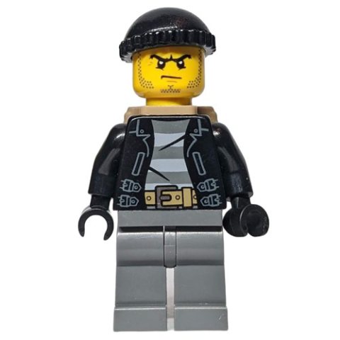 Minifigurka LEGO Criminal, Open Black Jacket over Prison Shirt, Dark Bluish Grey Legs, Black Hat, Dark Tan, Stubble
