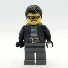 Minifigurka LEGO Criminal, Open Black Jacket over Prison Shirt, Dark Bluish Grey Legs, Black Hair, Black Eyemask