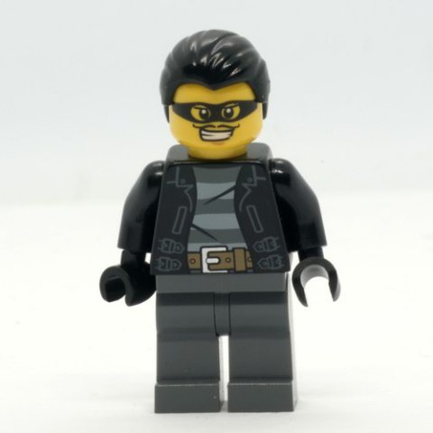 Minifigurka LEGO Criminal, Open Black Jacket over Prison Shirt, Dark Bluish Grey Legs, Black Hair, Black Eyemask
