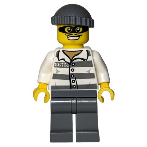 Minifigurka LEGO Criminal, Prison Shirt with #86753, Dark Bluish Gray Legs, Dark Bluish Gray Hat, Black Eyemask