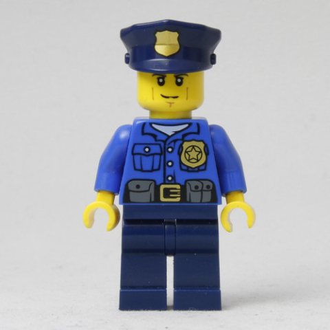 Minifigurka LEGO Policeman, Blue Shirt with Badge and Pouches, Dark Blue Legs, Dark Blue Police Hat with Badge, Cheek Lines