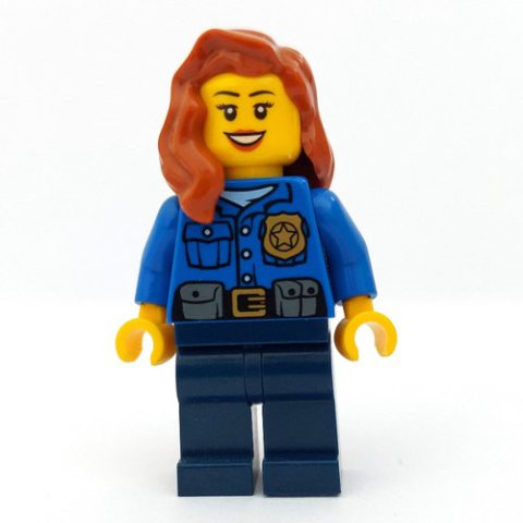 Minifigurka LEGO Policewoman, Blue Shirt with Badge and Pouches, Dark Blue Legs, Dark Orange Hair