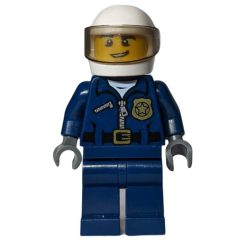 Minifigurka LEGO Policeman, Dark Blue Jacket with Zipper, Badge, and 'POLICE' on Back, White Helmet with Visor, Open Mouth