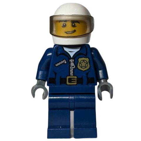 Minifigurka LEGO Policeman, Dark Blue Jacket with Zipper, Badge, and 'POLICE' on Back, White Helmet with Visor, Open Mouth
