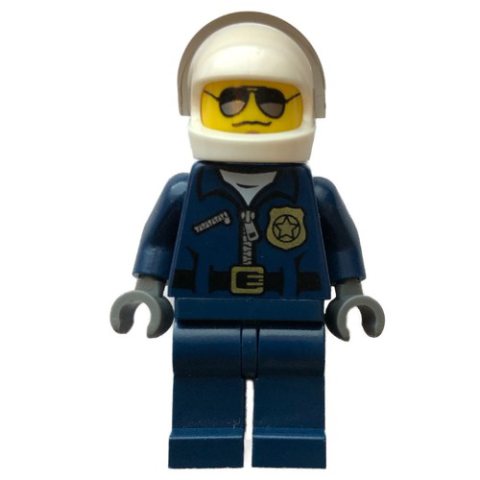 Minifigurka LEGO Policeman, Dark Blue Jacket with Zipper, Badge, and 'POLICE' on Back, White Helmet with Visor, Sunglasses