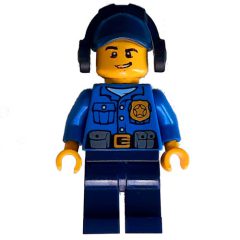Minifigurka LEGO Policeman, Blue Shirt with Badge and Pouches, Dark Blue Legs, Dark Blue Cap with Ear Defenders