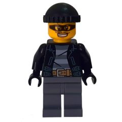 Minifigurka LEGO Criminal, Open Black Jacket over Prison Shirt, Dark Bluish Grey Legs, Black Hat, Black Eyemask