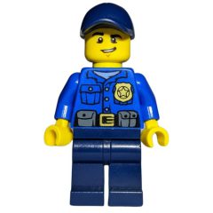 Minifigurka LEGO Policeman, Blue Shirt with Badge and Pouches, Dark Blue Legs, Dark Blue Cap