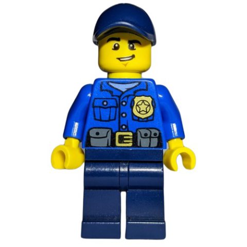 Minifigurka LEGO Policeman, Blue Shirt with Badge and Pouches, Dark Blue Legs, Dark Blue Cap