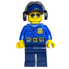 Minifigurka LEGO Policeman, Blue Shirt with Badge and Pouches, Dark Blue Legs, Dark Blue Cap with Ear Defenders, Sunglasses