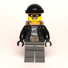 Minifigurka LEGO Criminal, Open Black Jacket over Prison Shirt, Dark Bluish Grey Legs, Black Hat, Dark Tan Backpack, Black Eyemask