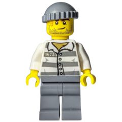 Minifigurka LEGO Criminal, Prison Shirt with #86753, Dark Bluish Gray Legs, Dark Bluish Gray Hat, Stubble and Scar