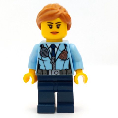 Minifigurka LEGO Policewoman, Bright Light Blue Jacket with Zipper, Radio, Badge, and Tie, Dark Blue Legs, Medium Nougat Hair