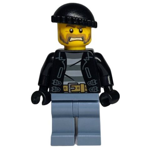 Minifigurka LEGO Criminal, Open Black Jacket over Prison Shirt, Sand Blue Legs, Black Hat, Beard