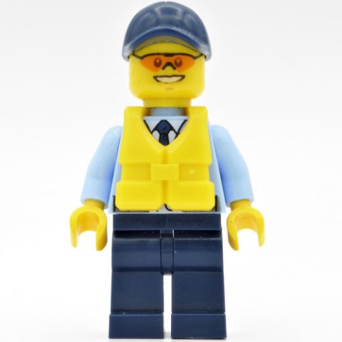 Minifigurka LEGO Policeman, Bright Light Blue Jacket with Zipper, Radio, Badge, and Tie, Dark Blue Legs, Dark Blue Cap, Yellow Life Vest, Orange Sunglasses