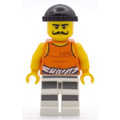 Minifigurka LEGO Criminal Simon Sin, Orange Vest with #92116 and Waist Tied Prison Shirt, Black Hat, Moustache