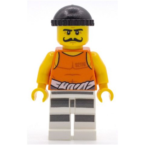 Minifigurka LEGO Criminal Simon Sin, Orange Vest with #92116 and Waist Tied Prison Shirt, Black Hat, Moustache