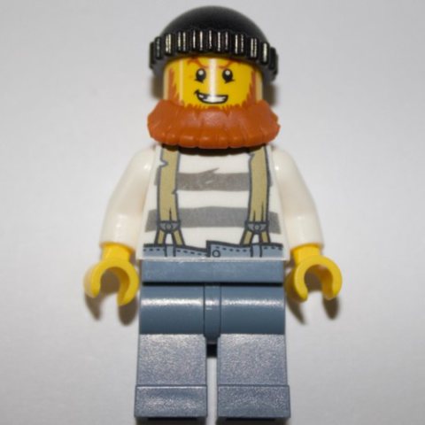 Minifigurka LEGO Criminal, Prison Shirt with Suspenders, Black Hat, Dark Orange Beard
