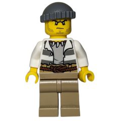Minifigurka LEGO Criminal, Open Prison Shirt, Dark Tan Legs, Dark Bluish Gray Hat