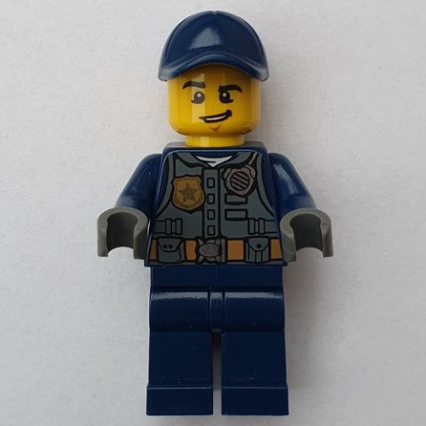 Minifigurka LEGO Policeman, Dark Bluish Gray Vest with Radio, Badge and Pouches over Dark Blue Shirt, Dark Blue Cap