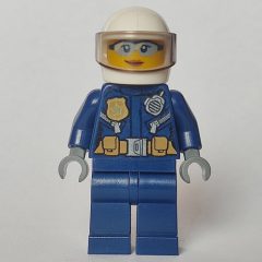 Minifigurka LEGO Policewoman, Dark Blue Jacket with Radio, Badge, and Belt with Pouches, White Helmet with Visor, Light Blue Sunglasses
