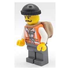 Minifigurka LEGO Criminal, Open Orange Safety Vest Over Prison Shirt, Black Hat, Moustache