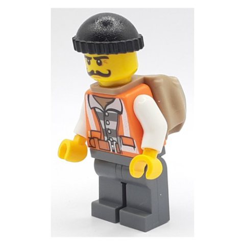 Minifigurka LEGO Criminal, Open Orange Safety Vest Over Prison Shirt, Black Hat, Moustache