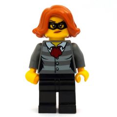 Minifigurka LEGO Criminal, Woman, Prison Shirt with Dark Red Scarf, Dark Orange Hair, Black Eyemask