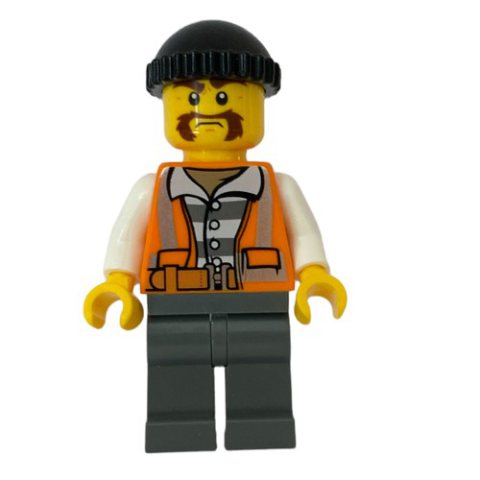 Minifigurka LEGO Criminal, Open Orange Safety Vest Over Prison Shirt, Black Hat, Bushy Moustache