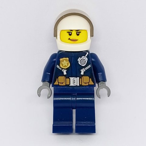 Minifigurka LEGO Policewoman, Dark Blue Jacket with Radio, Badge, and Belt with Pouches, White Helmet with Trans-Brown Visor, Smirk (3626cpr2113 Head)