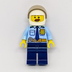 Minifigurka LEGO Bright Light Blue Shirt with Dark Blue Tie, Badge, and Radio on Belt, Dark Blue Legs, White Helmet with Visor, Moustache