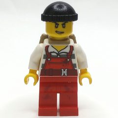 Minifigurka LEGO Criminal Joe Frankfurter, Red Overalls over Prison Shirt, Black Hat, Dark Tan Backpack
