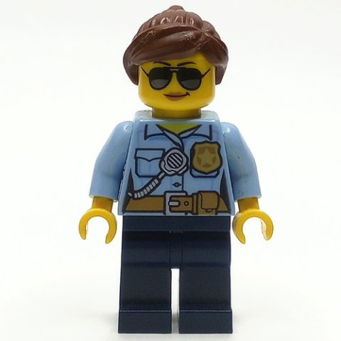 Minifigurka LEGO Policewoman, Bright Light Blue Shirt with Radio and Badge, Dark Blue Legs, Reddish Brown Hair, Sunglasses