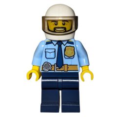 Minifigurka LEGO Policeman, Bright Light Blue Shirt with Dark Blue Tie, Badge, and Radio on Belt, White Helmet with Visor, Beard