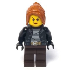 Minifigurka LEGO Criminal, Woman, Open Black Jacket over Prison Shirt, Dark Brown Legs, Dark Orange Hair